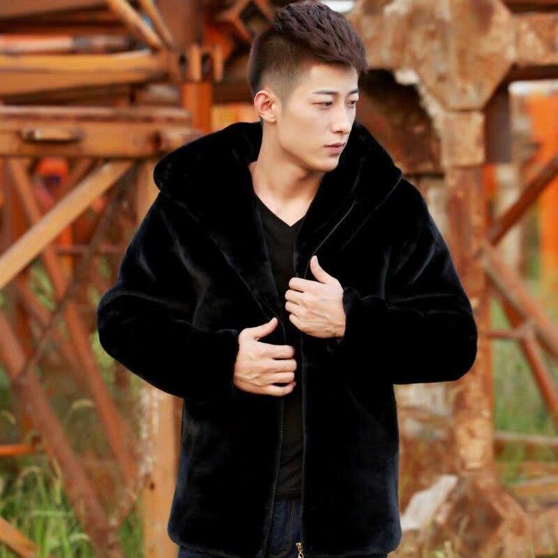 Autumn Winter Mens Faux Fur Mink Coat Short Grey Hooded Coat Plush Fluffy Coat Male Plus Size Xxxl 4xl 5xl Warm Overcoat Men