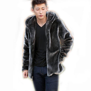 Autumn Winter Mens Faux Fur Mink Coat Short Grey Hooded Coat Plush Fluffy Coat Male Plus Size Xxxl 4xl 5xl Warm Overcoat Men