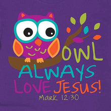 Load image into Gallery viewer, owl-always-love-jesus---christian-kids-t-kids-religious-t-shirt-kerusso-kidz
